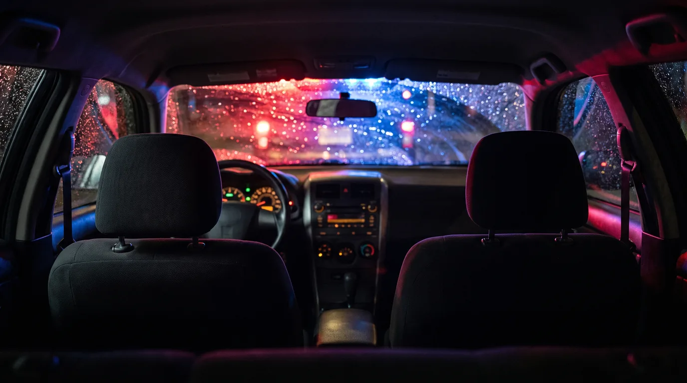 Red and blue emergency lights through a car windscreen at the start of an Illinois DUI arrest