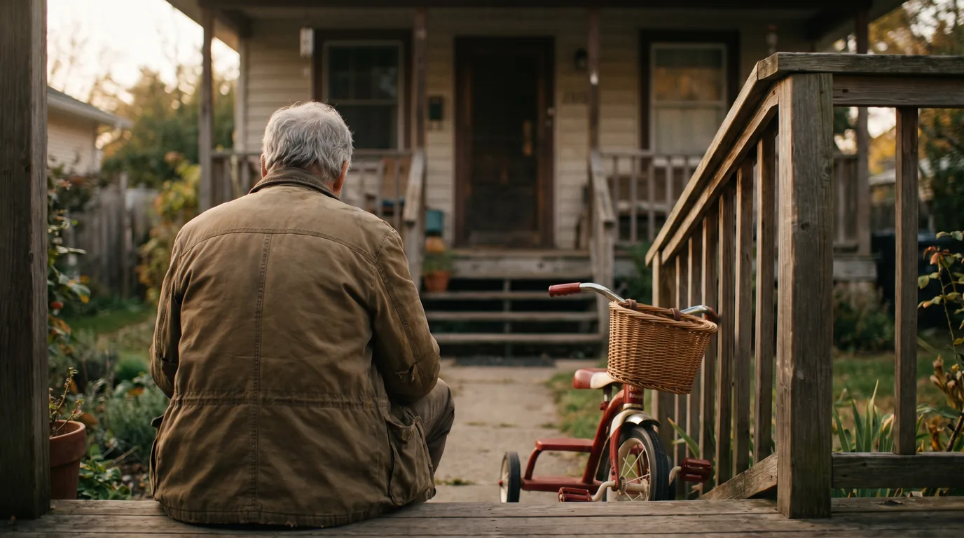 A grandparent on a porch step beside a child's bicycle, the situation behind Illinois grandparent visitation law