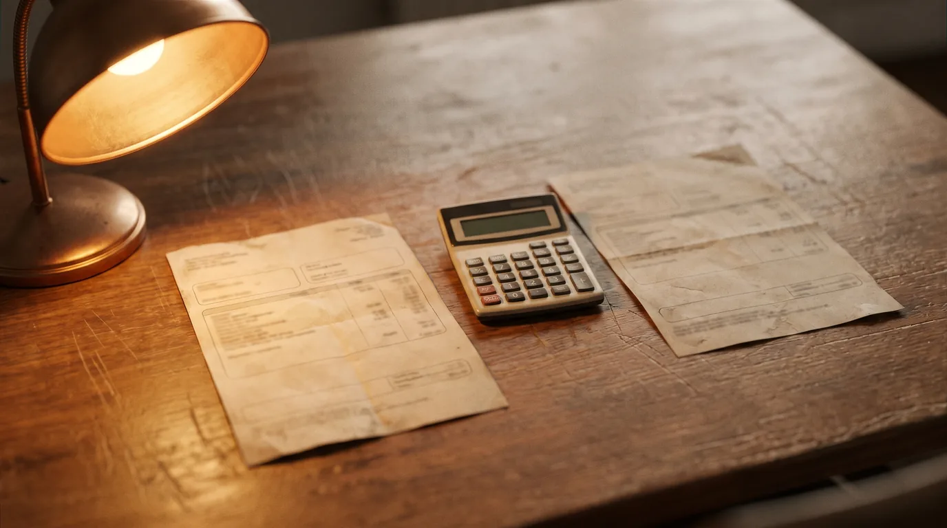 Two payslips and a calculator under a lamp, the net incomes Illinois uses to calculate child support