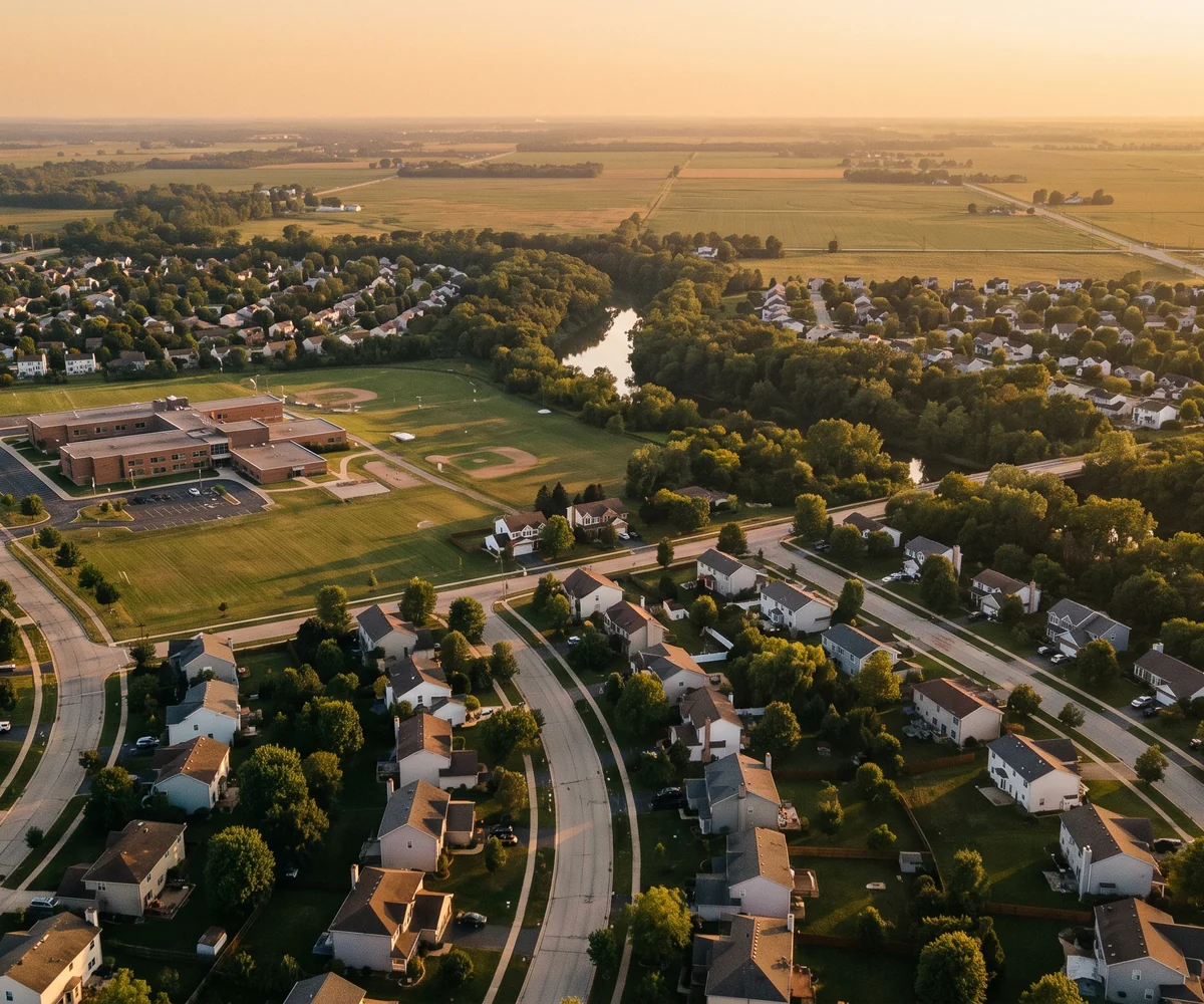 An aerial view at golden hour over the Will County suburbs served by the firm