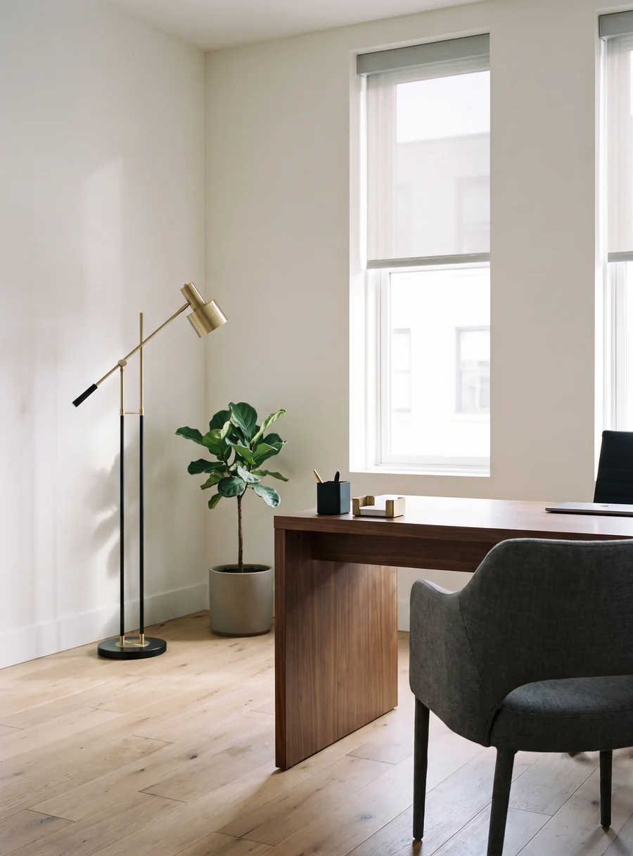 A contemporary law office with a walnut desk and client chairs, ready for a consultation