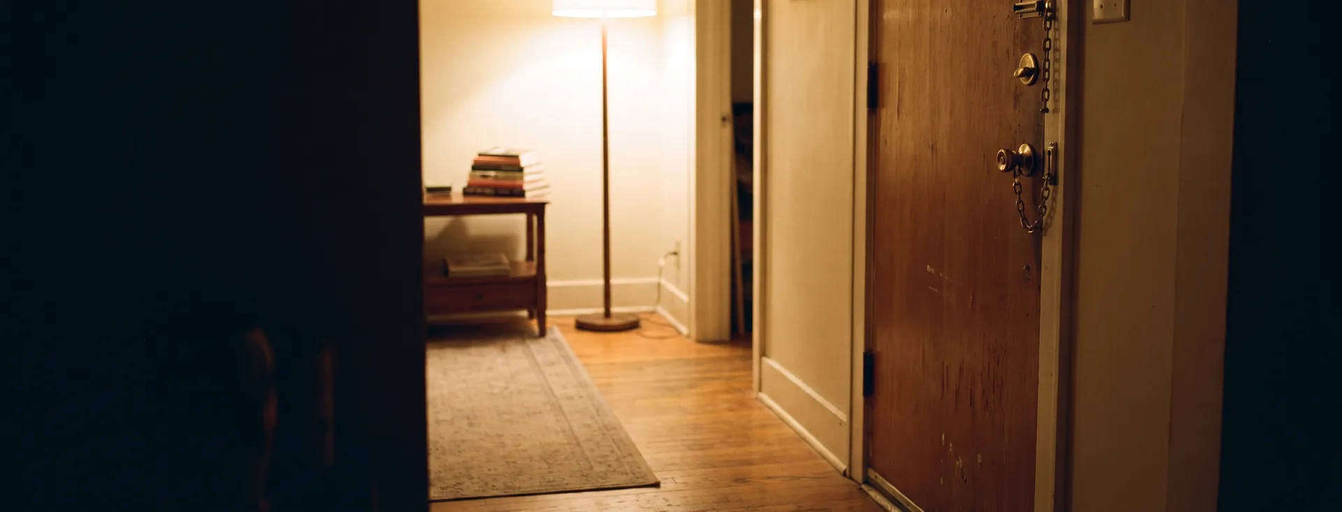 A front door secured from inside an ordinary home