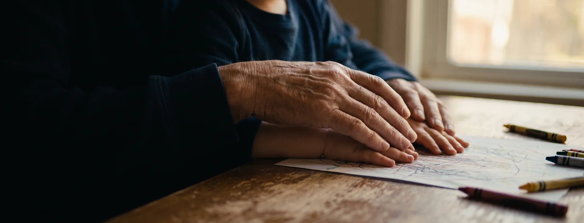An older person’s hands and a child’s hands together over a drawing