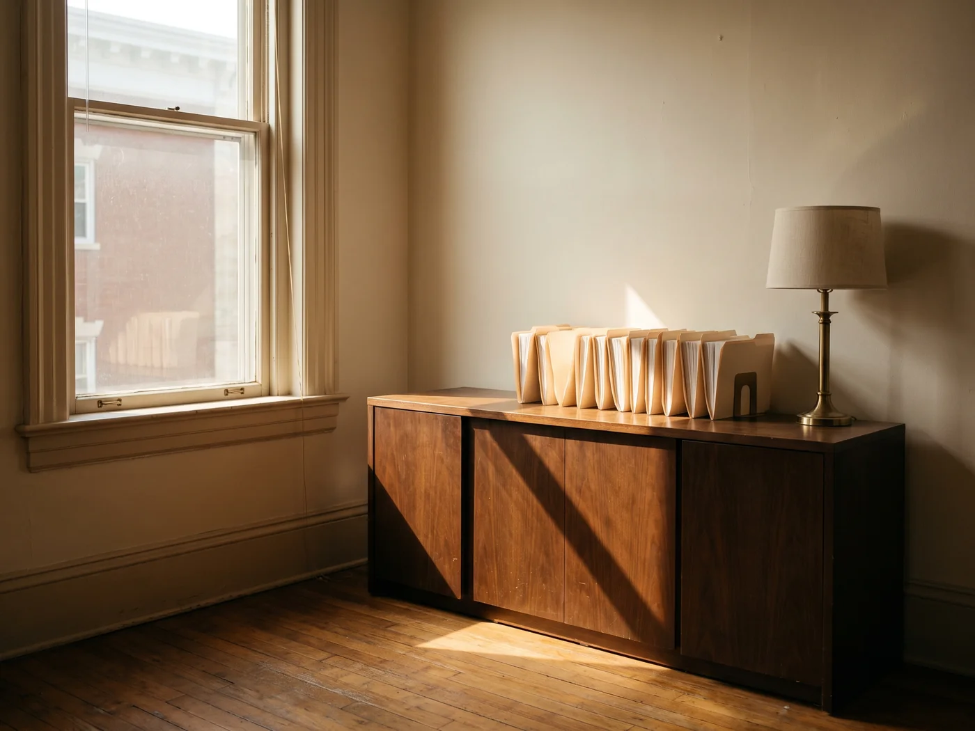 A quiet corner of a small law office with a credenza of file folders and a window