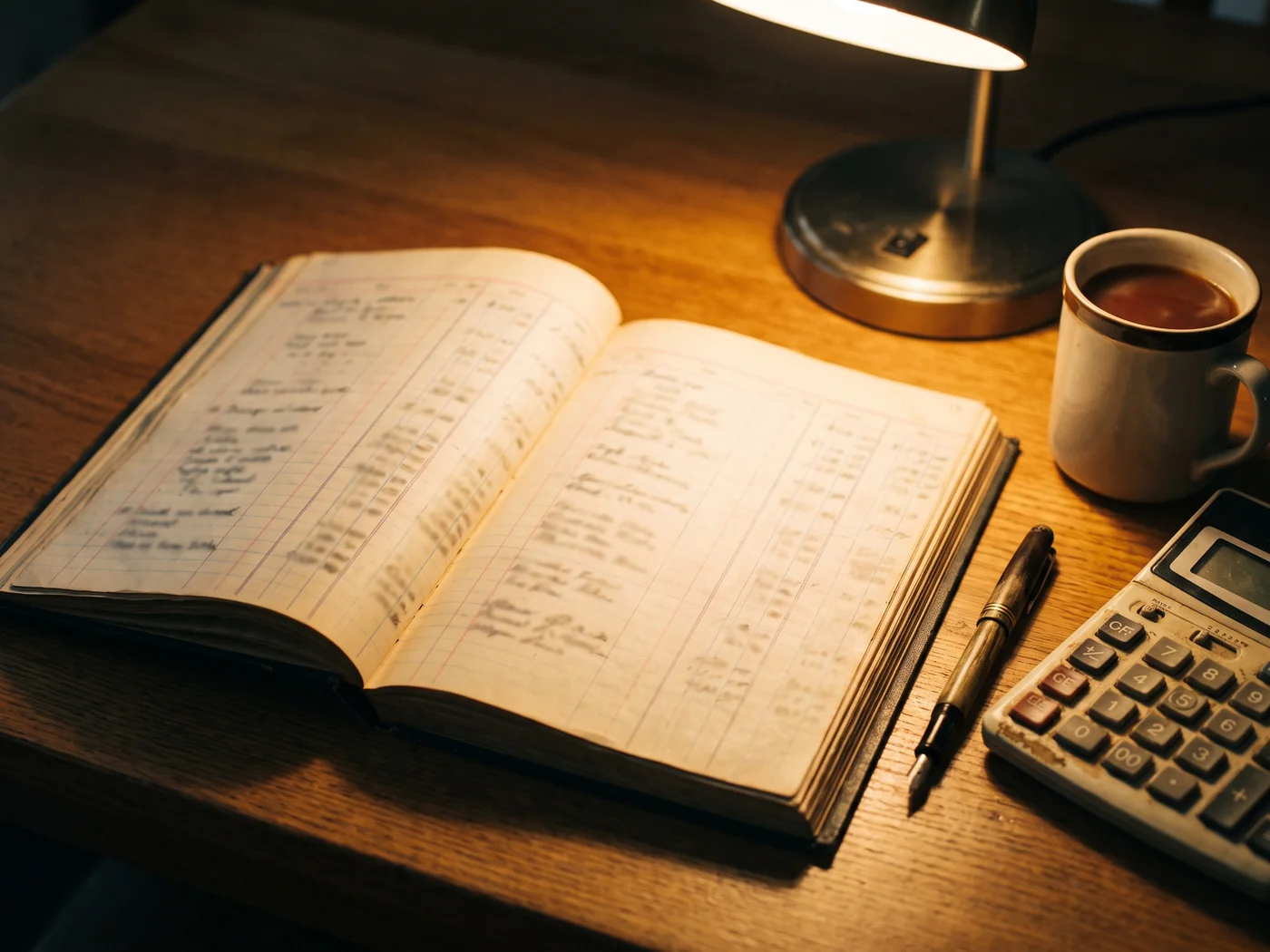 A household ledger open on a table beside a calculator and a lamp