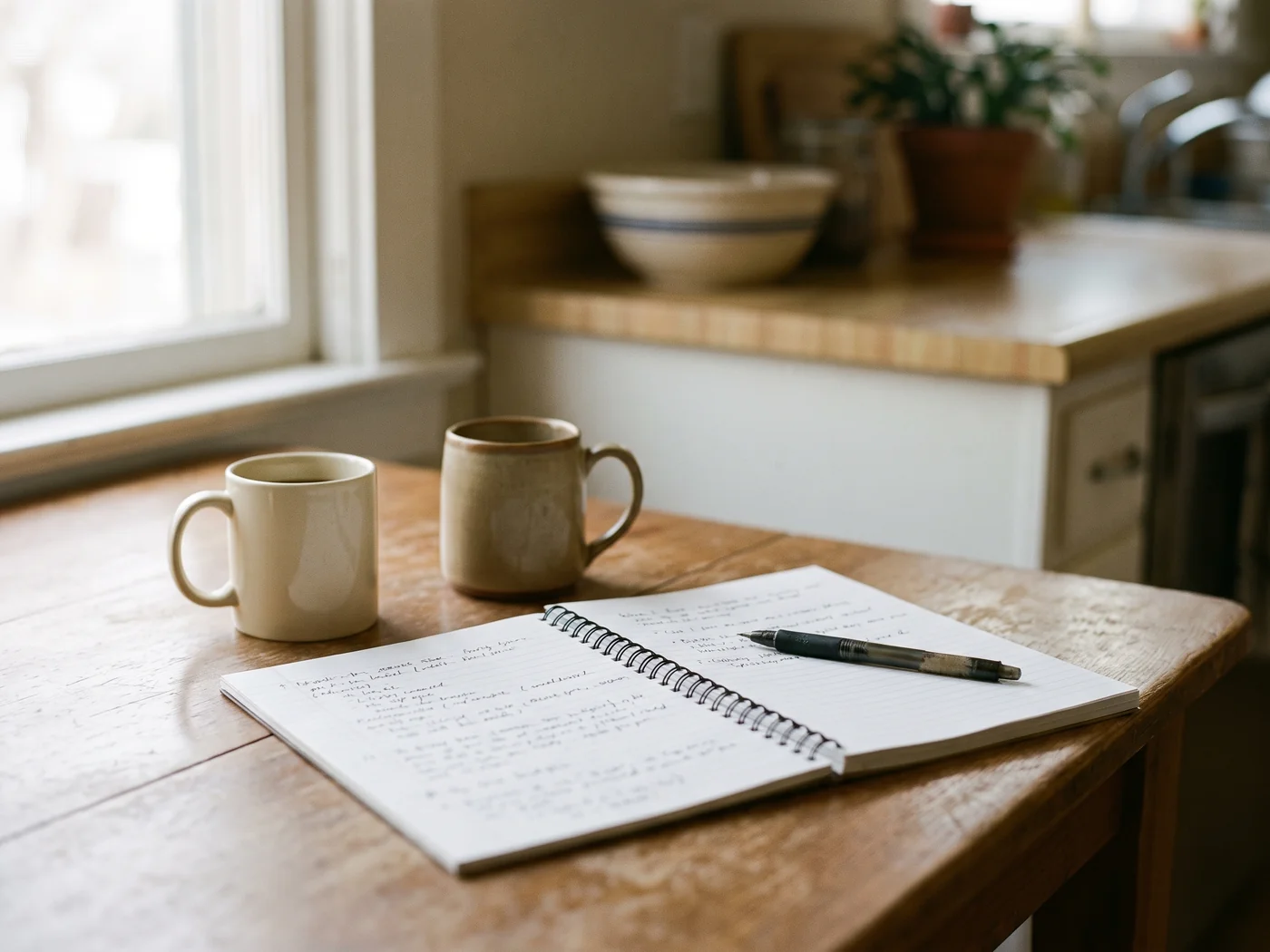 Two mugs and a notebook of written questions on a kitchen table in morning light
