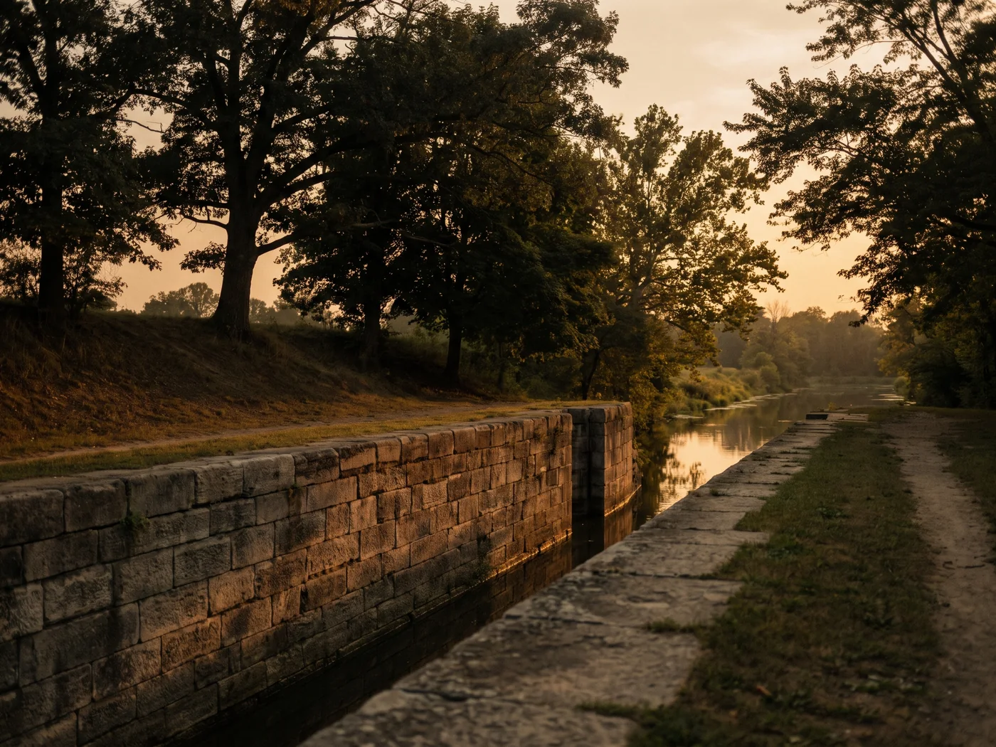A stone canal lock and towpath in golden evening light. Inspired Law Group serves Lockport and the surrounding Will County communities.