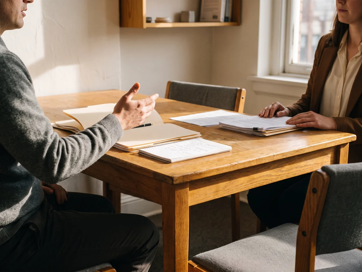 An attorney and a client reviewing paperwork across a desk in a small office