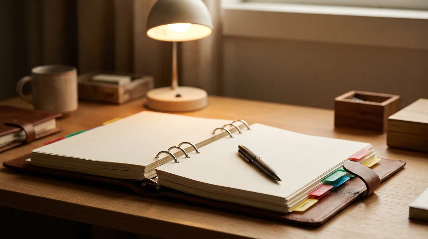 A meticulously tabbed case binder open on a desk, preparation being the deciding advantage in an Illinois family law case