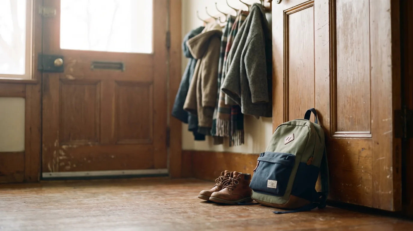 A child's backpack and coats by a front door, the daily routine at the centre of an Illinois custody case