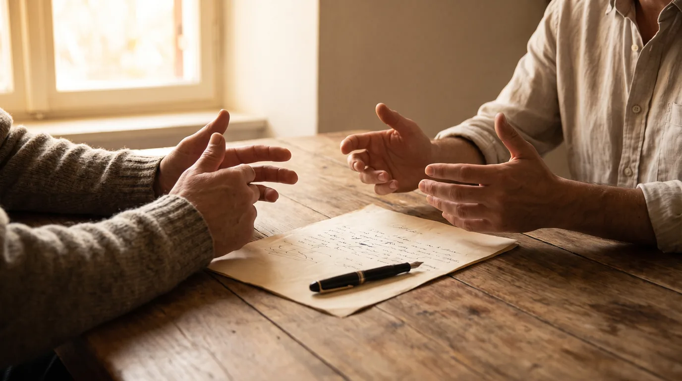 Two people talking over a single shared document, the agreement behind an uncontested Illinois divorce
