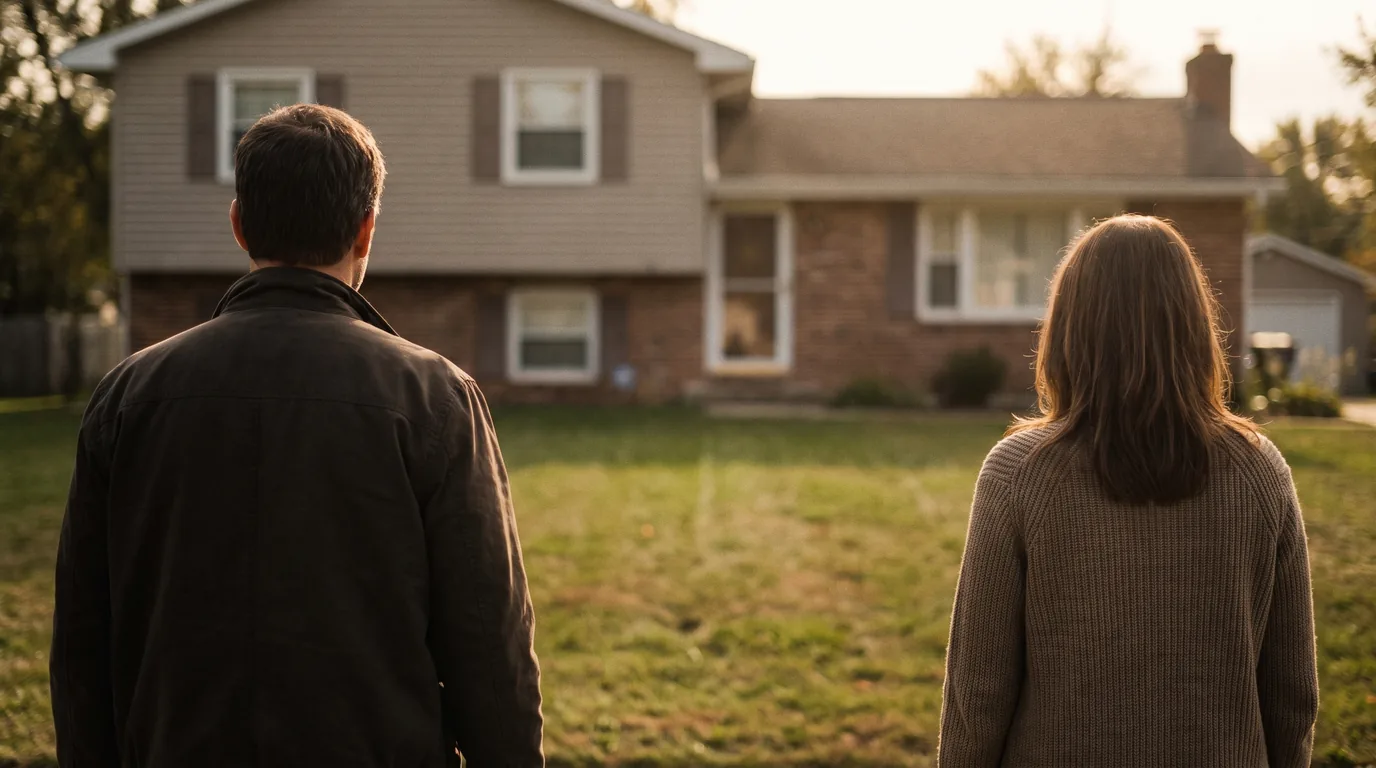 Two people standing apart on the lawn of the marital home during an Illinois divorce